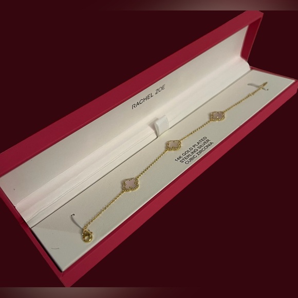 Rachel Zoe 14K Gold Plated Bracelet 4 Leaf Mother Of Pearl Cubic Zirconia  New - Picture 3 of 16
